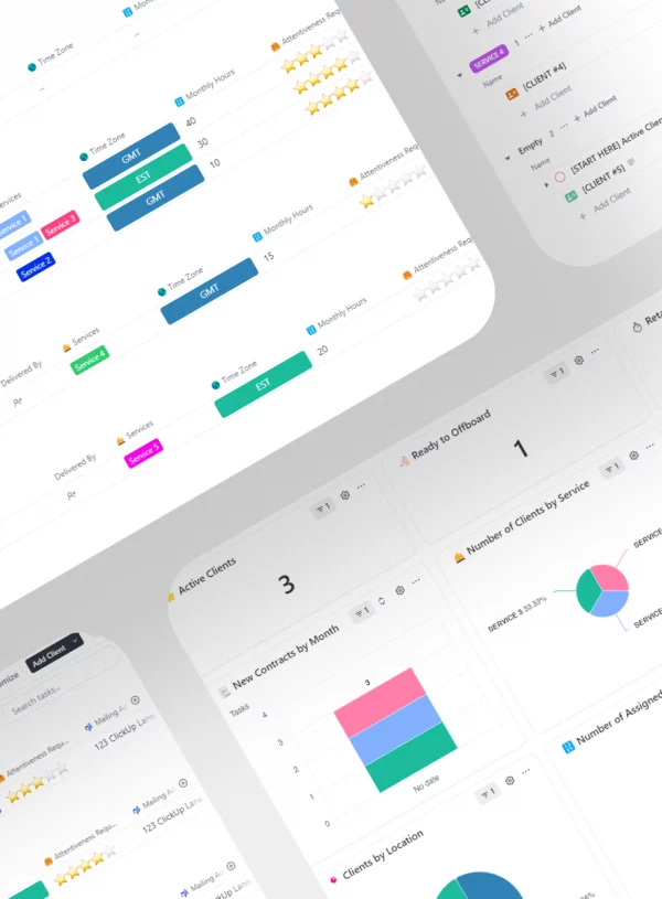 Client Management Suite product display featuring ClickUp templates with various charts, checklists, and tools for efficient client management and tracking.