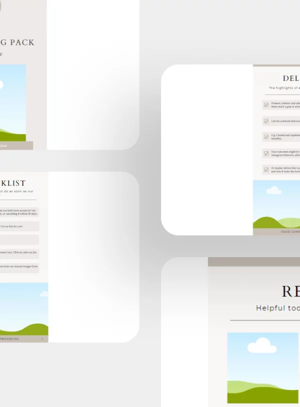 Client Offboarding Pack Template product display featuring various templates, checklists, and resources for a structured and efficient client offboarding process.