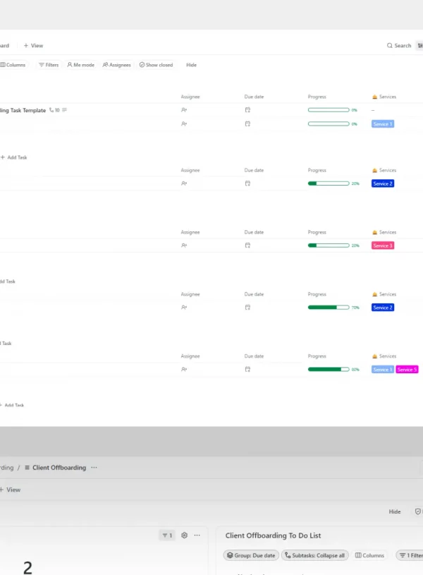 Client Offboarding Starter Kit product display featuring a ClickUp dashboard with task lists, templates, and tools for managing the client offboarding process efficiently