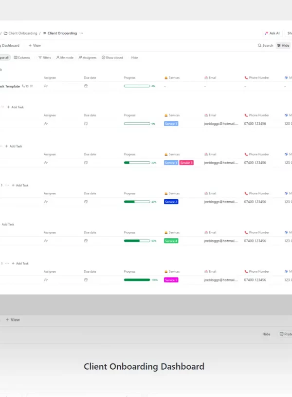 Client Onboarding Starter Kit product display featuring a ClickUp dashboard with various templates, tasks, and tools for streamlined client onboarding.