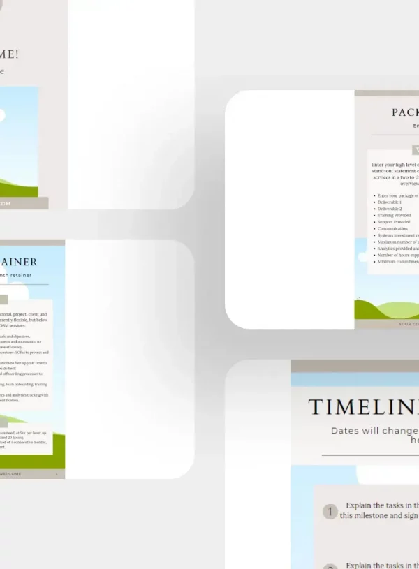 Client Welcome Pack Template product display featuring various templates and checklists for welcoming new clients, detailing service packages, and outlining project timelines and milestones.