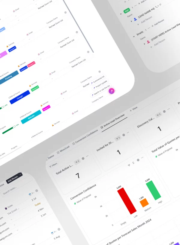 Lead Management Tracker product display featuring ClickUp templates with various charts, checklists, and tools for efficient lead tracking and management.