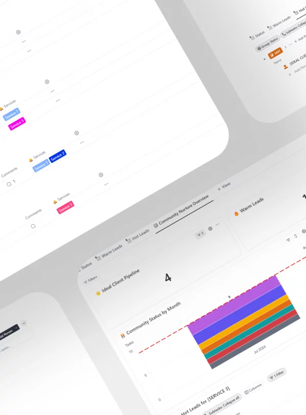 Community Nurture Tracker product display featuring ClickUp templates with various charts, checklists, and tools for effective community engagement and management.