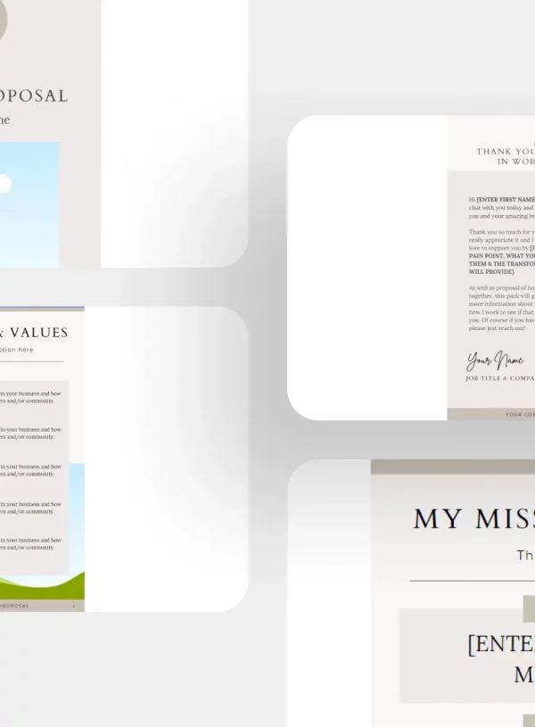 Client Proposal Template product display featuring various templates and sections for outlining mission and values, presenting service proposals, and engaging potential clients.