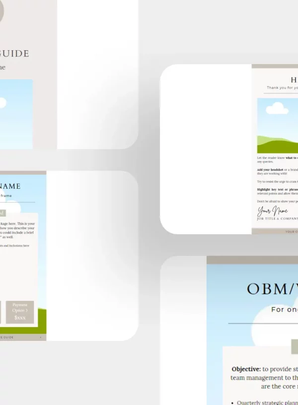 Services Guide Template product display featuring various templates and guides for presenting service offerings, package details, and client welcome messages.
